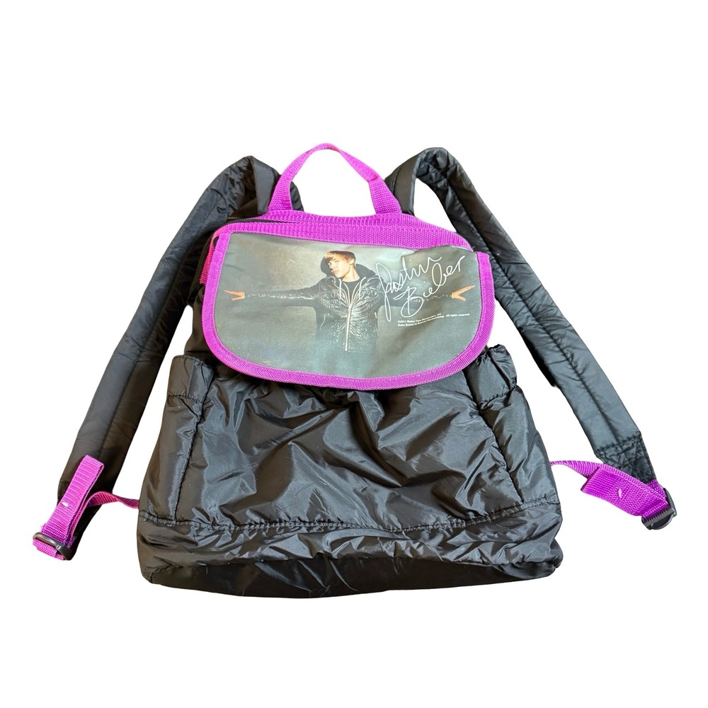 Justin Bieber 2011 Tour Merchandise Backpack Black Purple Puffer Bag Y2K RARE